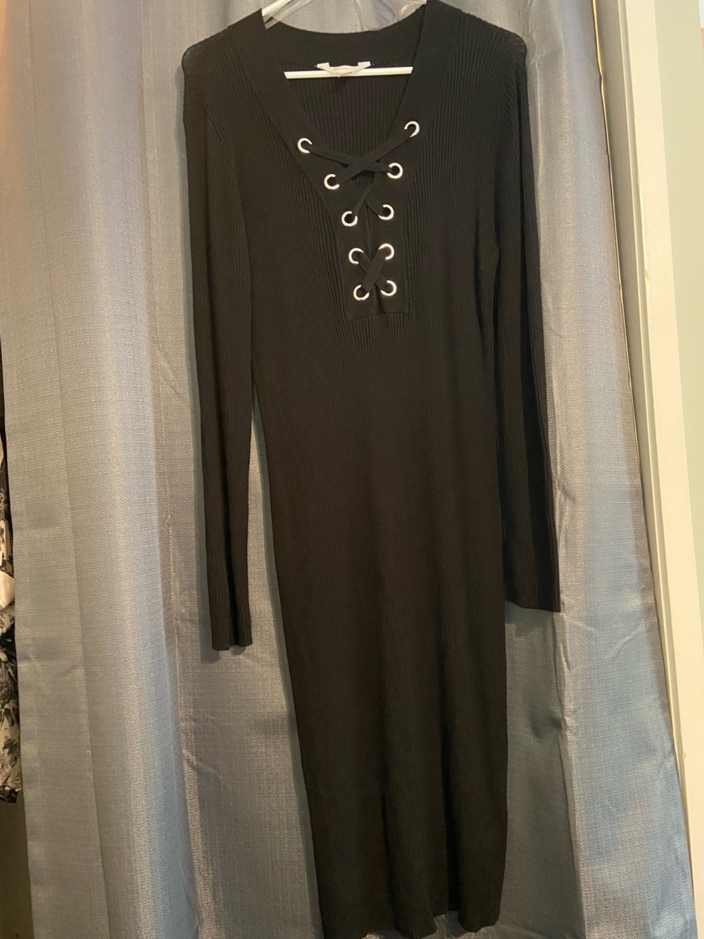 No Boundaries Black Ribbed Lace-Up Long Sleeve Dress